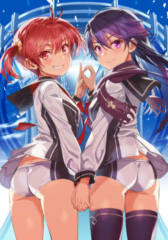 Rule 34 | 2girls, absurdres, ahoge, ass, black hair, black sailor collar, butt crack, commentary request, grin, highres, holding hands, isshiki akane, kuroki rei, long hair, michairu, multiple girls, national shin ooshima school uniform, purple eyes, purple scarf, red eyes, red hair, sailor collar, sailor shirt, scarf, school uniform, scrunchie, serafuku, shirt, short hair, short shorts, shorts, smile, twintails, two-tone shirt, vividred operation, white shorts