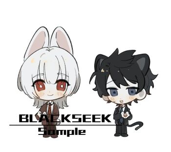 Rule 34 | 2boys, :d, akinashi haru, animal ears, black hair, black suit, blackseek, blue necktie, brown cardigan, brown pants, cardigan, cat boy, cat ears, cat tail, chibi, chibi only, chinese commentary, collared shirt, commentary request, diagonal-striped clothes, diagonal-striped necktie, dress shirt, formal clothes, full body, heart, heart hands, highres, jacket, looking at viewer, male focus, multiple boys, necktie, nervous smile, open mouth, pants, rabbit boy, rabbit ears, rabbit tail, red necktie, saihate eki, shirt, short hair, simple background, smile, standing, striped clothes, suit, suit jacket, tail, tatsunami shion, white background, white hair, white shirt