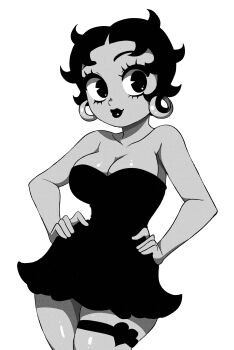 Rule 34 | 1girl, absurdres, betty boop, betty boop (character), black dress, black eyes, black lips, breasts, cleavage, colored skin, dress, earrings, grey skin, highres, hoop earrings, jewelry, lipstick, makeup, medium breasts, messy hair, short hair, simmsy, thighlet