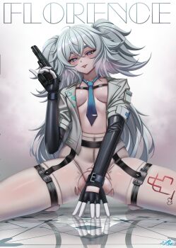 1girl absurdres artist_name blue_eyes blue_necktie breasts breasts_apart caiman_pool character_name commentary english_commentary florence_(girls&#039;_frontline_2) girls&#039;_frontline girls&#039;_frontline_2:_exilium gun highres holding holding_gun holding_weapon jacket long_hair looking_at_viewer mab_pa-15 necktie open_clothes open_jacket pa-15_(girls&#039;_frontline) pantyhose reflective_floor solo torn_clothes torn_pantyhose weapon white_jacket