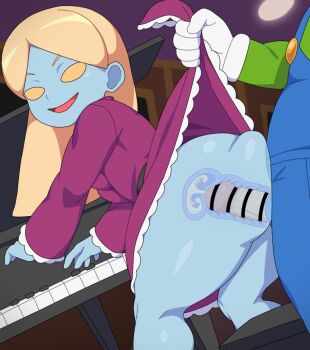1boy 1girl ass_ripple bar_censor blonde_hair blue_skin censored clothed_sex clothes_lift colored_skin commentary_request commission cum cum_in_pussy dress dress_lift ejaculation gloves happy_sex instrument kabeume luigi luigi's_mansion mario_(series) melody_pianissima nintendo orgasm piano sex sex_from_behind skeb_commission smile white_gloves x-ray