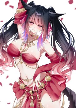 1girl :3 absurdres animal_ears arm_up armpits bare_shoulders belly_chain bikini bikini_top_only black_nails bow breasts bridal_gauntlets cat_ears cat_girl cat_tail choker cleavage closed_mouth commentary cowboy_shot dancer gold_choker gradient_hair hair_bow highres jewelry large_breasts long_hair looking_at_viewer miniskirt multicolored_hair nail_polish navel necklace original pelvic_curtain petals pink_eyes red_bikini red_hair red_skirt ring sana_(sanamaru_0w0) simple_background skindentation skirt smile solo stomach strapless strapless_bikini swimsuit tail twintails very_long_hair white_background