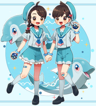 1boy 1girl :d ahoge alternate_costume aqua_hat aqua_sailor_collar aqua_shorts bandaid bandaid_on_knee bandaid_on_leg black_shoes blush braid brown_eyes brown_hair dive_ball dolphin eyelashes finizen florian_(pokemon) hair_ornament hat heart heart_hair_ornament highres holding holding_hands holding_poke_ball juliana_(pokemon) kneehighs multicolored_eyes nintendo open_mouth outline poke_ball pokemon pokemon_sv rii_(pixiv11152329) sailor_collar shirt shoes short_hair short_sleeves shorts side_braid single_braid smile socks standing standing_on_one_leg two-tone_eyes white_outline white_shirt white_socks