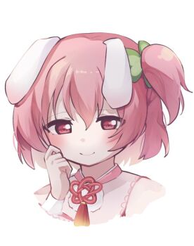 1girl animal_ears assault_lily closed_mouth commentary_request cropped_torso hair_between_eyes hair_ornament hair_scrunchie hitotsuyanagi_riri kaya_(kaiana) looking_at_viewer lop_rabbit_ears one_side_up pink_eyes pink_hair rabbit_ears scrunchie short_hair simple_background smile solo tassel white_background wrist_cuffs