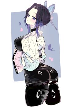 1girl arm_under_breasts ass black_dress black_hair black_pantyhose border breasts bug butterfly butterfly_hair_ornament closed_mouth commentary cropped_legs curtained_hair demon_slayer_uniform dress forehead from_behind gradient_hair grey_background hair_ornament haori heart highres insect japanese_clothes kimetsu_no_yaiba kochou_shinobu large_breasts lips long_sleeves looking_ahead medium_hair multicolored_hair no_pupils open_clothes outside_border pale_skin pantyhose purple_butterfly purple_eyes purple_hair shiny_clothes shiny_legwear short_dress sidelocks simple_background skin_tight solo standing turtleneck turtleneck_dress two-tone_hair usa37107692 white_border white_haori wide_sleeves