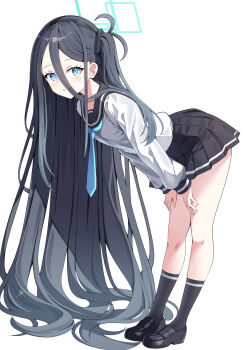 Rule 34 | 1girl, absurdly long hair, absurdres, alternate costume, aqua halo, aris (blue archive), bent over, black hair, black skirt, black socks, blue archive, blue eyes, blue neckerchief, commentary, hair between eyes, halo, highres, loafers, long hair, long sleeves, looking at viewer, neckerchief, school uniform, serafuku, shirt, shoes, simple background, skirt, sob (submar1089), socks, solo, very long hair, white background, white shirt