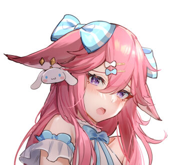 1girl alternate_costume animal_ear_piercing animal_ears bare_shoulders blush bow chibi_vanille cinnamoroll close-up collar collarbone commentary_request detached_collar dress fox_ears fox_girl frilled_collar frilled_sleeves frills genshin_impact hair_between_eyes hair_bow hair_ornament hairclip long_hair looking_at_viewer looking_to_the_side off_shoulder open_mouth pink_hair purple_eyes sanrio short_sleeves shy simple_background slit_pupils solo upper_body white_background yae_miko