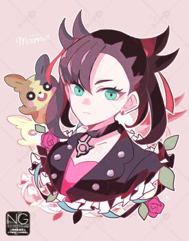 1girl asymmetrical_bangs asymmetrical_hair black_choker black_hair black_jacket breasts choker closed_mouth collarbone cropped_shoulders dress earrings flower gen_8_pokemon green_eyes hair_ribbon highres jacket jewelry leaf looking_at_viewer marnie_(pokemon) meme_(sleepsheep) morpeko morpeko_(full) nintendo open_clothes pink_dress pokemon pokemon_(creature) pokemon_swsh red_eyes red_ribbon ribbon twintails undercut