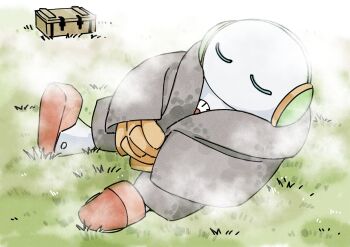 1boy black_coat box coat commentary_request fog grass headphones kashiwo_(streamer) kawabata_arata male_focus original own_hands_together robot sleeping solo