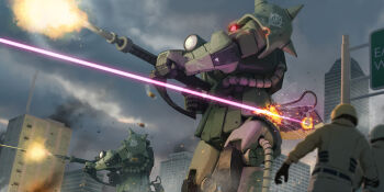 2others absurdres abubu axe battle_damage blender_(medium) building casing_ejection city combat_helmet commentary_request energy energy_beam feet_out_of_frame firing glowing glowing_eye green_jacket gun gundam heat_hawk helmet highres holding holding_gun holding_weapon jacket making-of_available mecha mecha_focus military_combat_uniform military_uniform mobile_suit mobile_suit_gundam multiple_others one-eyed outdoors overcast red_eyes robot science_fiction shell_casing shoulder_spikes sky soldier sparks spikes standing weapon zaku_ii zaku_ii_f/j zeon