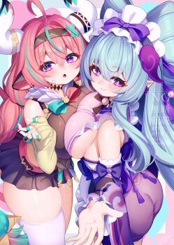2girls absurdres ahoge animal_ears aqua_hair asymmetrical_docking black_skirt blush breast_press breasts closed_mouth commentary_request cow_ears cow_girl cow_horns detached_sleeves frilled_hairband frills genshin_impact hair_between_eyes hair_ornament hairband highres horns japanese_clothes kimono large_breasts long_hair long_sleeves looking_at_viewer maid miniskirt multiple_girls nihongami open_mouth pink_hair pink_kimono purple_eyes sideboob simple_background skirt sleeveless sleeveless_kimono smile sweater symmetrical_docking takemura_kou thick_thighs thighs varesa_(genshin_impact) very_long_hair wa_maid watermark white_background white_sweater wide_sleeves yumemizuki_mizuki