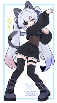 1boy :3 animal_ear_fluff animal_ears arm_up asymmetrical_legwear black_skirt black_sweater black_thighhighs blue_eyes blush boots bow cat_boy cat_ears cat_tail commentary covered_navel cropped_sweater crossdressing crossdressing_(mtf) eyepatch frilled_skirt frills full_body grey_bow grey_tail hair_between_eyes hair_bow hand_up head_tilt highres long_hair long_sleeves looking_at_viewer narrowed_eyes one_eye_covered op_na_yarou original paw_pose pleated_skirt puffy_long_sleeves puffy_sleeves purple_boots rigel_(op_na_yarou) sidelocks simple_background skirt solo standing star_(symbol) straight_hair sweater tail thigh_strap thighhighs trap twintails uneven_legwear v-shaped_eyebrows very_long_hair watermark white_background white_hair