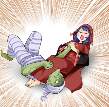 1boy 1girl absurdres armbar asphyxiation blue_hair colored_skin commission duel_monster goblin goblin_attack_force green_skin highres lo_the_prayers_of_the_voiceless_voice pajamas red_robe robe sawan_cutman skeb_commission wrestling yu-gi-oh!