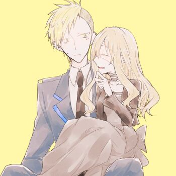 1boy 1girl anti-eyebrow_piercing black_dress black_jacket blonde_hair choker dress eye_piercing eyepatch face_piercing green_eyes higyaku_no_noel jacket kagu_(noko11) long_hair medical_eyepatch necktie noel_cerquetti oscar_dressel piercing police police_uniform policeman short_hair