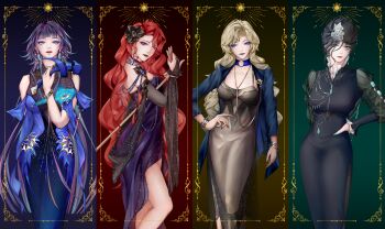 Rule 34 | 4girls, absurdres, aqua eyes, aqua nails, black dress, black flower, black hair, black hat, blonde hair, blue coat, blue dress, blue eyes, blue hair, blue lips, blunt bangs, bracelet, cabernet (path to nowhere), cane, coat, collar, commentary request, dress, earrings, enfer (path to nowhere), eye print, facial mark, flower, frilled collar, frilled sleeves, frills, grey dress, grey lips, hair flower, hair ornament, hammer, hand on own hip, hat, highres, holding, holding cane, holding hammer, jelena (path to nowhere), jewelry, light smile, long hair, multiple girls, necklace, path to nowhere, pink eyes, purple dress, purple eyes, purple lips, red hair, red lips, see-through clothes, see-through sleeves, side slit, teardrop facial mark, vautour bleu (path to nowhere), vocaloid004, yellow nails