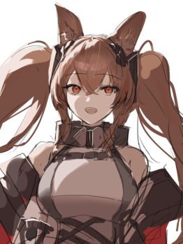 1girl :d angelina_(arknights) animal_ears arknights arknights:_endfield breasts brown_hair dress fox_ears fox_girl gilberta_(arknights) grey_dress high_collar jacket large_breasts long_hair off_shoulder open_clothes open_jacket open_mouth orange_eyes red_jacket sakikov simple_background sketch sleeveless sleeveless_dress smile solo teeth twintails upper_body upper_teeth_only white_background