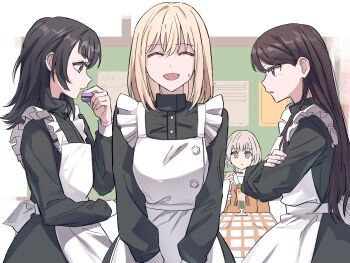 Rule 34 | 4girls, akni, apron, bang dream!, bang dream! it's mygo!!!!!, black dress, black hair, blonde hair, blue eyes, brown shirt, chinese commentary, closed eyes, closed mouth, commentary request, commission, crossed arms, dress, eating, food, hanasakigawa school uniform, heterochromia, holding ice cream scoop (utensil), ice cream scoop (utensil), kaname raana, long hair, long sleeves, macaron, maid, maid apron, misumi uika, mole, mole under eye, multiple girls, open mouth, purple eyes, sailor collar, school uniform, second-party source, serafuku, shiina taki, shirt, short hair, sweatdrop, white apron, white hair, white sailor collar, yahata umiri, yellow eyes