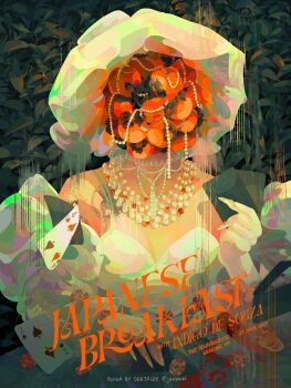 Rule 34 | 1girl, arm tattoo, artist name, bare shoulders, breasts, card, cleavage, color contrast, commentary, copyright name, dress, fingernails, food, four of spades, fruit, gem, glitch, gloves, green background, hat, highres, holding, holding card, japanese breakfast, jdebbiel, jewelry, long fingernails, monster girl, necklace, object head, official art, pearl (gemstone), pearl necklace, persimmon, plant, playing card, poker chip, poster (medium), shoulder tattoo, sleeveless, sleeveless dress, small breasts, solo, spaghetti strap, tattoo, two of spades, white dress, white gloves, white hat