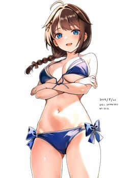 1girl bikini blue_bikini blue_eyes braid breasts brown_hair cleavage crossed_arms dated front-tie_bikini_top front-tie_top hair_flaps hair_over_shoulder hanako_(peanut) highres kantai_collection long_hair medium_breasts official_alternate_costume shigure_(kancolle) shigure_kai_san_(kancolle) shigure_kai_san_(swimsuit)_(kancolle) side-tie_bikini_bottom simple_background single_braid solo swimsuit white_background