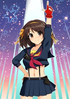 00s 1girl breasts brown_eyes brown_hair female_focus gloves hairband hand_on_own_hip haruhisky highres kill_la_kill looking_at_viewer matoi_ryuuko medium_breasts medium_sleeves navel pleated_skirt pointing pointing_up red_glove ribbon school_uniform senketsu serafuku skirt smile solo suzumiya_haruhi suzumiya_haruhi_no_yuuutsu thighs
