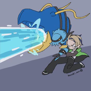 1boy alternate_hair_color black_gloves black_pants blonde_hair blue_hair clawitzer commentary_request gen_6_pokemon gloves green_jacket grey_background grin highres holding holding_pokemon horubi_non jacket long_sleeves male_focus multicolored_hair nintendo on_one_knee open_clothes open_jacket pants paxton_(pokemon) pokemon pokemon_(creature) pokemon_legends:_z-a shirt shoes short_hair smile teeth twitter_username two-tone_hair unconventional_weapon v-shaped_eyebrows water white_shirt white_shoes