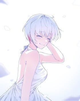 1girl choker closed_eyes colored_inner_hair commentary dress english_commentary goddess_of_victory:_nikke highres liliweiss_(nikke) makaer1117 multicolored_hair official_alternate_costume short_hair smile solo sundress upper_body white_background white_choker white_dress