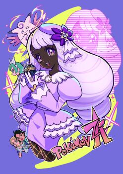 1boy 4girls apron braid brown_eyes dark-skinned_female dark_skin dress eyelashes gloves green_hair highres holding holding_poke_ball jacinthe_(pokemon) lebanne_(pokemon) logo long_hair long_sleeves looking_at_viewer luxury_ball maid_headdress multiple_girls nintendo parted_lips poke_ball pokemon pokemon_legends:_z-a puffy_sleeves purple_dress simple_background thighhighs wanowanoji67 white_apron white_gloves white_thighhighs wide_hips zoom_layer