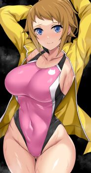 1girl armpits arms_behind_head ass black_background blue_eyes breasts brown_hair covered_navel cowboy_shot gluteal_fold groin gundam gundam_build_fighters highleg highleg_one-piece_swimsuit highres hoshino_fumina jacket large_breasts legs long_hair looking_at_viewer multicolored_swimsuit nirowata one-piece_swimsuit pink_one-piece_swimsuit ponytail smile solo swimsuit thighs toned wide_hips yellow_jacket