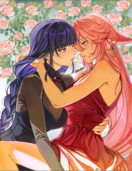 Rule 34 | 2girls, animal ears, artist name, bare arms, black dress, breasts, commentary, dress, earrings, eye contact, flower, fox ears, genshin impact, hand in another's hair, hand on another's waist, highres, jewelry, large breasts, larskukka, looking at another, mole, mole under eye, multiple girls, parted lips, pink flower, pink hair, pink rose, purple eyes, purple hair, raiden shogun, red dress, rose, sideboob, sleeveless, sleeveless dress, smile, symbol-only commentary, yae miko, yuri