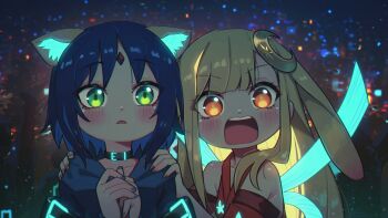 Rule 34 | 2girls, animal ear fluff, animal ears, bare shoulders, black choker, blonde hair, blue hair, blue hoodie, blush, cat ears, cat girl, cho kaguya-hime!, choker, commentary, english commentary, glowing, green eyes, hands on another's shoulders, highres, hood, hood down, hoodie, kaguya (cho kaguya-hime!), long hair, multiple girls, open mouth, porforever, red eyes, red shirt, sakayori iroha, shirt, short hair, upper body