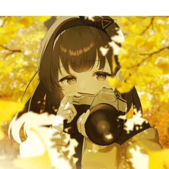 1girl arknights black_hairband blurry blurry_background blurry_foreground brown_eyes brown_hair camera commentary covered_mouth day depth_of_field hairband highres holding holding_camera leaf long_sleeves looking_at_viewer medium_hair nishimiya_aki outdoors priestess_(arknights) solo sunlight upper_body