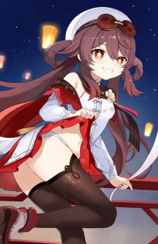 1girl absurdres black_thighhighs brown_hair brown_scarf chinese_clothes clothes_lift eyewear_on_head flower-shaped_pupils genshin_impact hat highres hu_tao_(cherries_snow-laden)_(genshin_impact) hu_tao_(genshin_impact) lantern lifting_own_clothes long_hair looking_at_viewer night official_alternate_costume panties paper_lantern red-tinted_eyewear red_eyes red_nails red_skirt round_eyewear scarf skirt skirt_lift smile solo sunglasses symbol-shaped_pupils thighhighs tinted_eyewear twintails underwear watarurikka white_hat white_panties