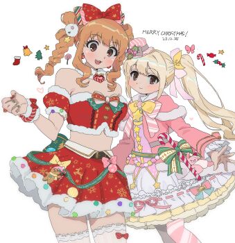 2girls :d bare_shoulders bell blonde_hair bow bracelet braid brown_eyes capelet commentary_request cowboy_shot empty_(neyo) fur-trimmed_shirt fur-trimmed_skirt fur_trim futaba_anzu hair_bow hat highres idolmaster idolmaster_cinderella_girls jacket jewelry long_hair looking_at_viewer low_twintails merry_christmas midriff miniskirt moroboshi_kirari multiple_girls open_mouth pink_bow pink_capelet pink_hat pink_jacket pleated_skirt red_bow red_skirt santa_costume shirt simple_background skirt smile standing tree twin_braids twintails very_long_hair white_background white_skirt