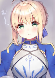 Rule 34 | 1girl, absurdres, ahoge, aizawa85, armor, artoria pendragon (all), artoria pendragon (fate), blonde hair, blue jacket, blue ribbon, blush, breasts, closed mouth, fate/grand order, fate (series), green eyes, grey armor, grey background, hair between eyes, hair bun, hair ribbon, hand on own hip, highres, jacket, juliet sleeves, long sleeves, looking at viewer, medium breasts, puffy sleeves, ribbon, saber (fate), short hair, sidelocks, simple background, solo, standing, v-shaped eyebrows