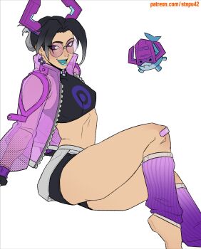 1boy 1girl anniversary aqua_lips aqua_tongue barefoot black_eyeliner black_gloves black_hair black_shirt black_shorts breasts collared_shirt cropped_shirt earrings eyeliner fake_horns fangs fangs_out fingerless_gloves foot_out_of_frame galacta galacta_(rivals'_day_2025) gloves gradient_hair grey_hair helmet highres horned_helmet horns invisible_chair jacket jeff_(marvel) jewelry leg_warmers lips long_sleeves looking_at_viewer lower_teeth_only makeup marvel marvel_rivals midriff multicolored_hair nose open_clothes open_jacket open_mouth purple-tinted_eyewear purple_eyes purple_horns purple_jacket purple_leg_warmers round_eyewear see-through_clothes see-through_jacket shark shirt short_hair shorts sidelocks sitting sleeveless sleeveless_shirt small_breasts spider-man_(series) stopu stud_earrings teeth thighs tinted_eyewear zipper