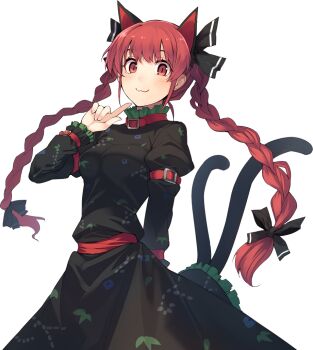 1girl :3 animal_collar animal_ears arm_behind_back arm_belt black_bow black_dress bow braid breasts cat_ears cat_tail closed_mouth collar dress eho_(icbm) extra_ears frilled_dress frills game_cg hair_bow juliet_sleeves kaenbyou_rin labyrinth_of_touhou_(series) labyrinth_of_touhou_tri long_hair long_sleeves looking_at_viewer medium_breasts multiple_hair_bows multiple_tails nekomata non-web_source official_art pointing pointing_at_self puffy_sleeves red_collar red_hair smile solo tail touhou transparent_background twin_braids two_tails