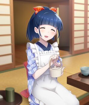 Rule 34 | 1girl, apron, blue hair, blunt bangs, blunt ends, blush, bow, bowl, closed eyes, dot nose, facing viewer, floral print, game cg, hair bow, holding, holding teapot, indoors, japanese clothes, kimono, nakai (waitress), nakano jun, official art, on floor, open mouth, print bow, print kimono, purple kimono, red bow, saucer, seiza, short hair, shouji, sidelocks, sitting, sliding doors, smile, socks, solo, steam, table, tatami, teapot, third-party source, toji no miko, toji no miko: kizamishi issen no tomoshibi, white apron, white socks, wooden floor, wooden table, yagasuri, yukata