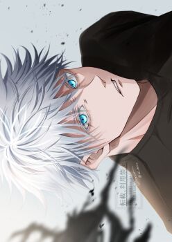 1boy black_shirt blue_eyes colored_eyelashes commentary_request crew_neck debris gojou_satoru highres jujutsu_kaisen looking_at_viewer male_focus mi_hotta parted_lips shirt short_hair sideways solo upper_body watermark white_hair