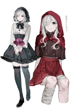 1boy androgynous bags_under_eyes bandage_over_one_eye bandaged_arm bandaged_leg bandages black_bow black_eyes black_thighhighs bow cosplay creature cropped_legs crossdressing crossdressing_(mtf) detached_hood drooling dungeon_meshi elf full_body grey_hair highres holding holding_creature lazy_eye little_red_riding_hood_(fairy_tale) little_red_riding_hood_(fairy_tale_character) little_red_riding_hood_(fairy_tale_character)_(cosplay) long_hair long_sleeves male_focus mithrun mouth_drool multiple_views notched_ear pointy_ears shirt short_hair short_sleeves sitting skirt standing tekana999 thighhighs trap uneven_eyes walking_mushroom_(dungeon_meshi) wavy_hair