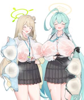2girls ^_^ absurdres ahoge aqua_hair black_gloves black_skirt blue_archive blue_necktie bra breasts bursting_breasts chest_harness closed_eyes covered_erect_nipples djheycha gloves green_halo halo harness highres holding holding_bra holding_unworn_clothes holding_underwear holding_unworn_clothes huge_ahoge huge_breasts id_card lanyard large_areolae light_brown_hair long_hair long_sleeves multiple_girls necktie nipples nonomi_(blue_archive) plaid_clothes plaid_skirt pleated_skirt presenting_bra removing_bra_under_shirt school_uniform see-through_clothes shirt shirt_tucked_in simple_background skirt sweaty_clothes underwear very_long_hair white_background white_shirt yellow_halo yume_(blue_archive)