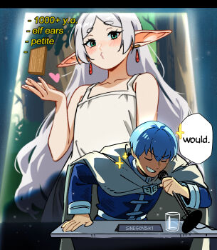 Rule 34 | 1boy, 1girl, absurdres, artist name, blowing kiss, blue hair, blue shirt, blush, breasts, closed eyes, collarbone, commentary, cup, dress, drinking glass, earrings, elf, english commentary, english text, floating earrings, frieren, green eyes, grey hair, grin, hand up, heart, highres, himmel (sousou no frieren), holding, holding microphone, jewelry, leaning forward, long hair, long sleeves, meme, microphone, mole, mole under eye, pointy ears, projector screen, shirt, short hair, sleeveless, sleeveless dress, small breasts, smile, snegovski, sousou no frieren, speech bubble, thick eyebrows, tree, very long hair, white dress, would (meme)