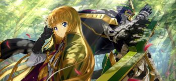 1girl arm_blade artist_request black_gloves black_shirt blonde_hair blue_eyes blunt_bangs cape closed_mouth code_geass code_geass:_lost_stories dappled_sunlight day falling_petals female_focus florence_(code_geass) forest from_side game_cg gloves green_cape green_theme hair_ribbon hand_up high_collar highres jacket light_rays long_hair long_sleeves looking_at_viewer mecha military_uniform monica_kruszewski nature non-web_source official_art outdoors petals pink_eyes red_ribbon ribbon robot shirt sidelocks solo standing sunlight tree two-sided_cape two-sided_fabric upper_body v-shaped_eyebrows weapon white_jacket