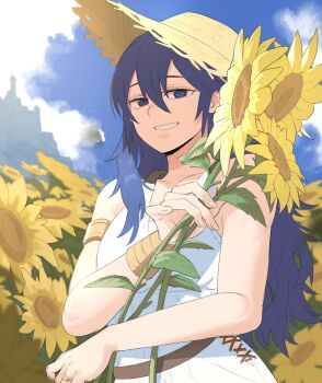 1girl absurdres armlet bare_shoulders belt blue_eyes blue_hair blue_sky brown_belt cloud commentary commission dress ebinku field fire_emblem fire_emblem_awakening fire_emblem_heroes flower flower_field grin hair_between_eyes hat highres holding holding_flower jewelry long_hair looking_at_viewer lucina_(fire_emblem) lucina_(valentine)_(fire_emblem) nintendo official_alternate_costume outdoors sky sleeveless sleeveless_dress smile solo straw_hat sun_hat sunflower white_dress yellow_flower