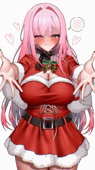 1girl 404_(pixiv_94263879) alternate_costume belt black_belt blush breasts calling capelet cleavage commentary dress english_commentary fur-trimmed_capelet fur-trimmed_dress fur_trim highres hololive hololive_english large_breasts long_hair mori_calliope outstretched_arms pink_eyes pink_hair red_capelet red_dress santa_costume santa_dress solo spoken_blush very_long_hair virtual_youtuber