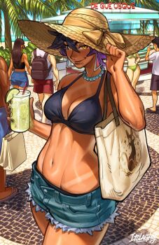 Rule 34 | 3boys, 3girls, backpack, bag, beach, bikini, bikini tan, black bikini, black hair, breasts, chin piercing, cleavage, commentary, cup, dark-skinned female, dark skin, denim, denim shorts, earrings, face piercing, food, fruit, hand on headwear, hat, highres, holding, holding cup, itslaghy, jewelry, large breasts, large earrings, lemon, linea alba, looking at viewer, multicolored hair, multiple boys, multiple girls, navel, necklace, original, palm tree, pearl necklace, piercing, purple hair, shopping bag, short hair, short shorts, shorts, slit pupils, smile, stomach, straw hat, swimsuit, tan, tanline, tote bag, tree, yellow eyes