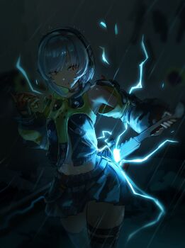 1girl anby_demara bare_shoulders black_choker black_gloves black_skirt black_thighhighs braid braided_sidelock choker closed_mouth clothing_cutout commentary_request cowboy_shot eating electricity fingerless_gloves food food_on_face glove_cutout gloves green_jacket green_sleeves grey_hair headphones highres holding holding_behind_back holding_food holding_sword holding_weapon holding_weapon_behind_back jacket midriff multicolored_sleeves navel night orange_eyes rain short_hair skirt sleeveless sleeveless_jacket solo sword thighhighs tsubakuro31 weapon zenless_zone_zero