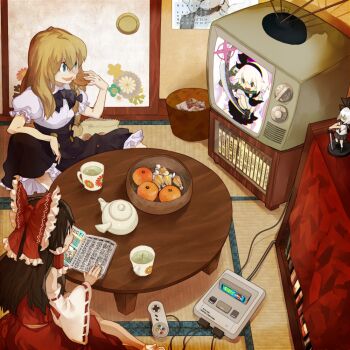 2girls adapted_costume album_cover alternate_costume alternate_eye_color back bad_id bad_pixiv_id blonde_hair blue_eyes book bow bowtie braid brown_hair calendar_(object) character_doll controller cover cup detached_sleeves doll figure floral_print food fruit game_cartridge game_console game_controller gr-project green_tea hair_bow hair_ornament hair_ribbon hair_tubes hakurei_reimu japanese_clothes kirisame_marisa konpaku_youmu long_hair long_sleeves mandarin_orange miko mug multiple_girls nintendo no_headwear on_floor open_book open_mouth orange_(fruit) puffy_sleeves ribbon shirt short_sleeves side_braid single_braid sitting skirt skirt_set slice_of_life smile super_famicom table tea teacup television touhou trash_can wide_sleeves