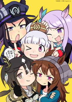 5girls ;) ;d absurdres animal_ears aqua_bow aqua_bowtie artist_name beanie black_gloves black_hair black_jacket blue_coat bow bowtie brown_hair coat colored_inner_hair crossed_arms double_v ear_bow ear_covers ears_through_headwear fenomeno_(black_flames_of_the_righteous_spirit)_(umamusume) fenomeno_(umamusume) fingerless_gloves gloves goggles goggles_around_neck gold_ship_(umamusume) grey_hair grey_hat hat highres horse_ears horse_girl horseshoe_hat_ornament horseshoe_ornament horseshoe_print jacket long_hair long_sleeves looking_at_viewer low-tied_long_hair mejiro_mcqueen_(frontline_elegance)_(umamusume) mejiro_mcqueen_(umamusume) multicolored_hair multiple_girls nakayama_festa_(shichuukyuukatsu)_(umamusume) nakayama_festa_(umamusume) official_art one_eye_closed open_mouth peaked_cap pillbox_hat purple_eyes purple_hair shibata_naoki simple_background smile stay_gold_(umamusume) striped_hat thumbs_up umamusume umamusume:_peace_peace_cepea_cepea_golshi-chan v yellow_background yellow_coat
