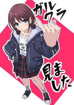 1girl black_jacket black_shoes blue_eyes blush brown_hair closed_mouth clothes_writing collarbone commentary_request drawstring foreshortening full_body fur-trimmed_jacket fur_trim furrowed_brow girls_band_cry hand_up highres iseri_nina jacket kousuke0912 looking_at_viewer low_twintails miniskirt open_clothes open_jacket outline pinky_out plaid_clothes plaid_skirt pleated_skirt red_skirt shirt shirt_tucked_in shoes short_twintails skirt sneakers socks solo translation_request twintails two-tone_background white_outline white_shirt white_socks zipper zipper_pull_tab