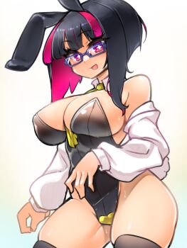 1girl absurdres animal_ears areola_slip artist_self-insert bare_shoulders between_breasts black_hair black_thighhighs breasts cleavage commentary_request dyed_hair eyelashes fake_animal_ears fake_tail female_focus glasses happy highres large_breasts necktie open_mouth pink_hair playboy_bunny purple_eyes rabbit_ears rabbit_tail rignetta rignetta's_adventure rijiato self-portrait short_hair sideboob solo star-shaped_pupils star_(symbol) super_mican symbol-shaped_pupils tail thick_outlines thick_thighs thighhighs thighs unusual_pupils white_background